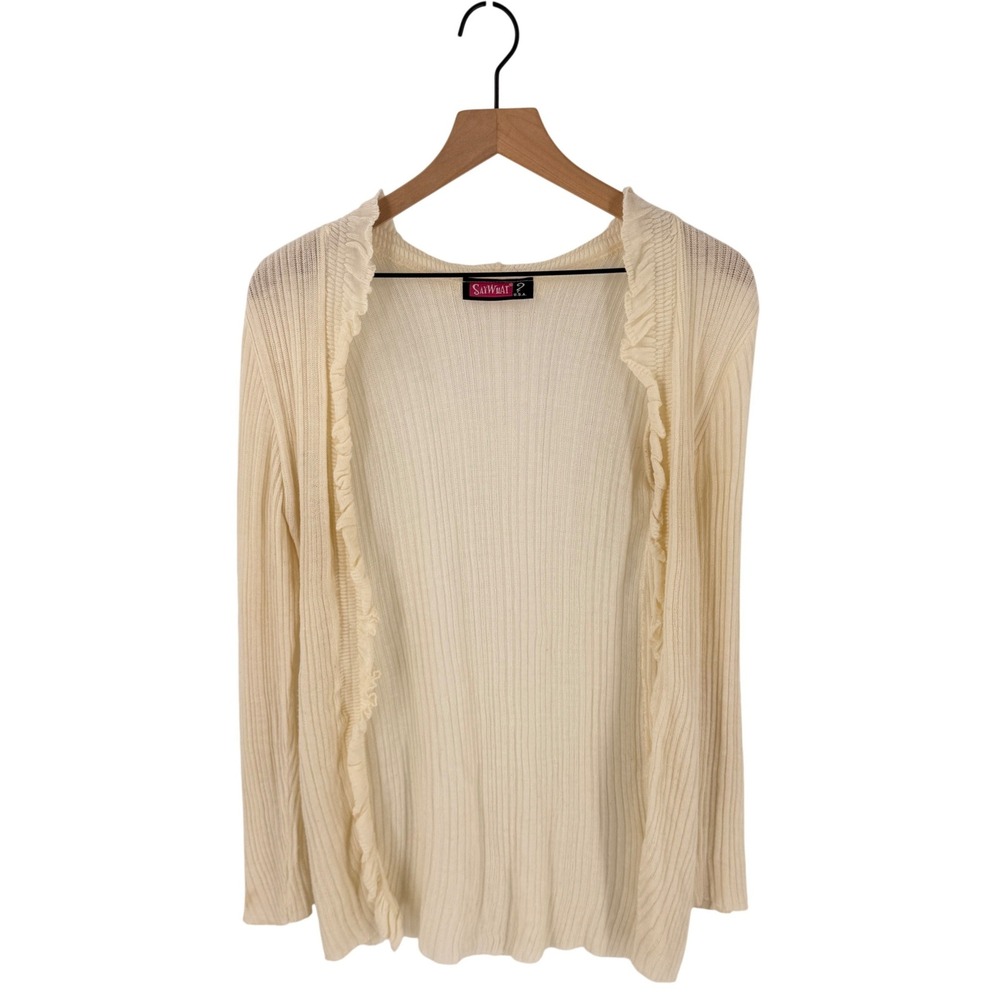 Vintage Y2K Say What? Cardigan Cream Small Ruffle Ribbed Open Front Coquette